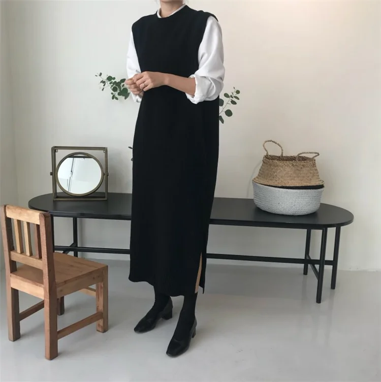 XITAO, вязаное платье с разрезом, модное, новинка, зимнее, длинное, без рукавов, прямое, маленькое, свежее, миноритарное, винтажное, пуловер, платье GCC2820