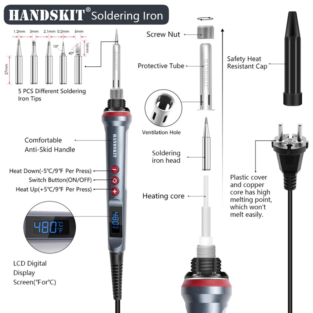 

handskit 90W Electric Soldering Iron 110V 220V Adjustable Temperature Soldering Iron with 4 Wire Core and 5 Tips Welding Tools
