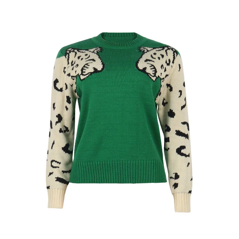 Женский вязаный свитер с длинным рукавом леопардовым принтом | Женская одежда