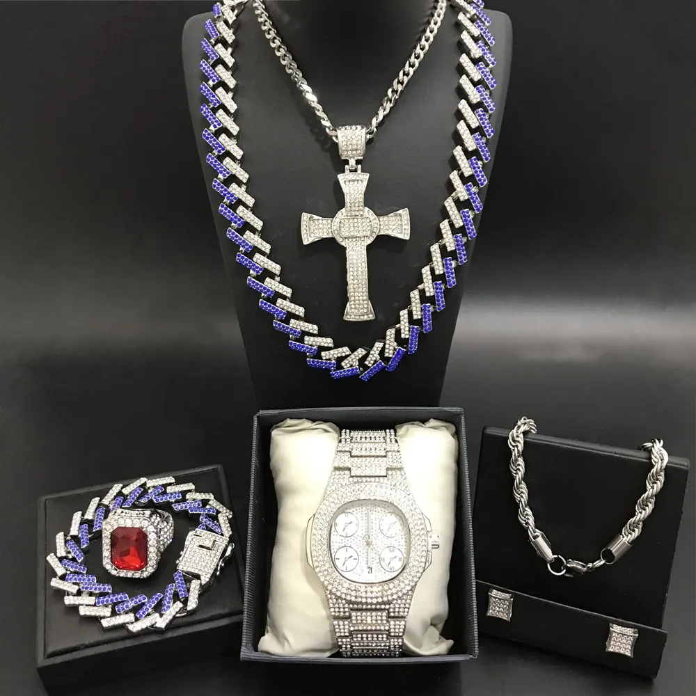 

Luxury Men Silver Color Watch & Neckalce & Braclete & Ring & Earrings Combo Set Ice Out Cuban Jewerly Hip Hop In Crystal For Men