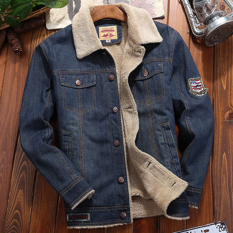 

Men's jeans wear fur jacket cowboy suit young man turndown collar autumn and spring warm blue jacket leisure clothing