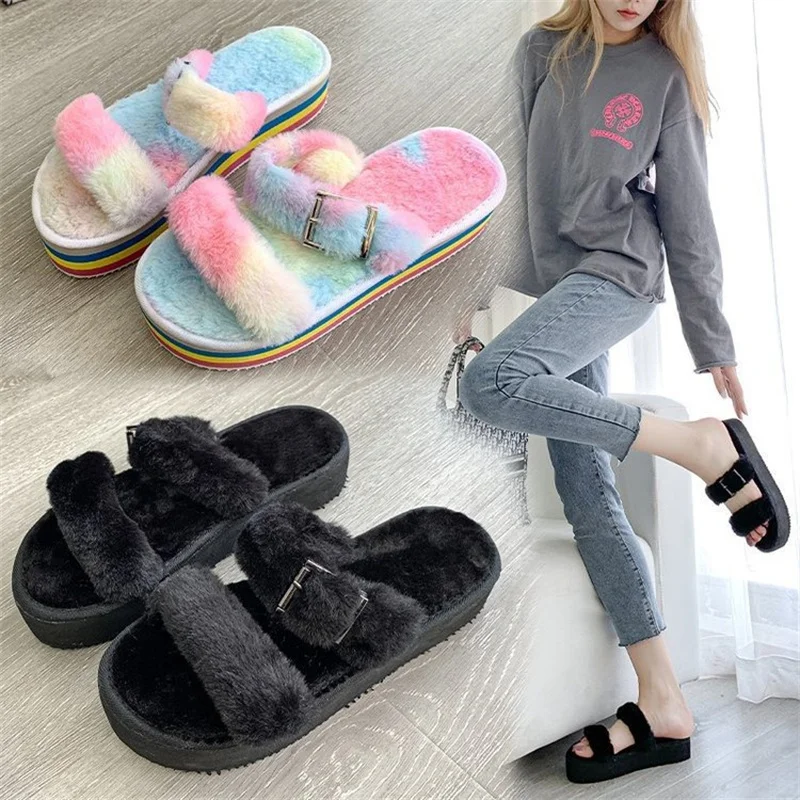 

ZOELEA Women Summer Colorful Sponge Cake Bottom Sandals Rainbow Fur Platform Thick Bottom Slippers Female Black Casual Sandals