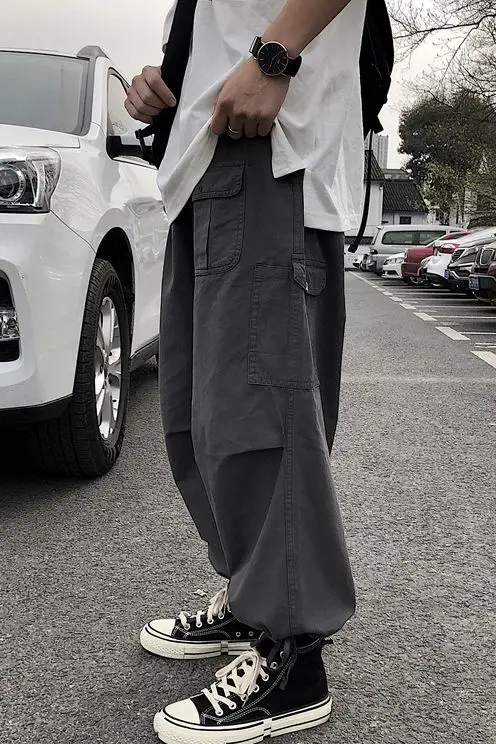 

2020 Spring And Summer New Youth Popular Men's Solid Color Loose Wide Leg Overalls Fashion Wild Casual Pants Khaki / Black /Gray