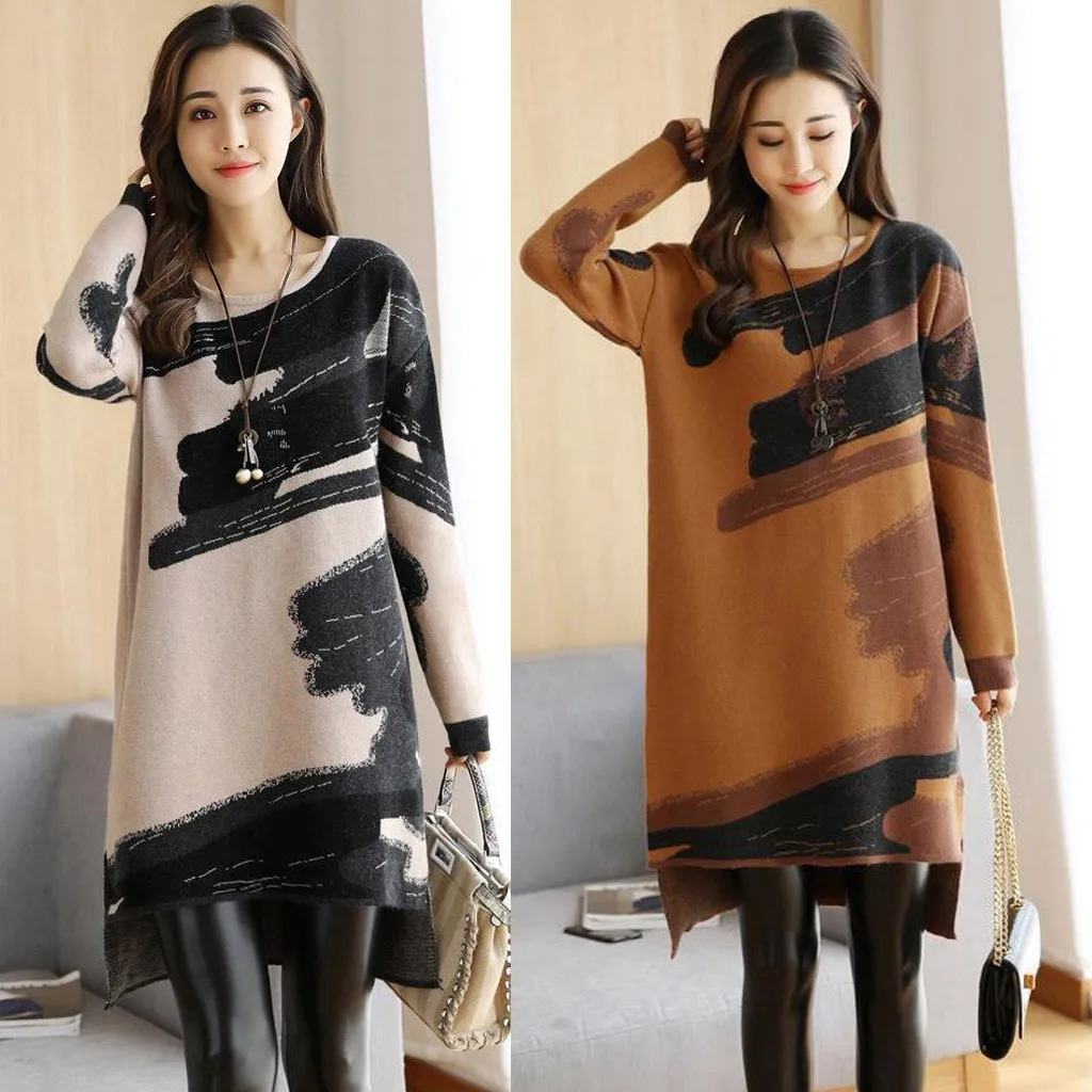 

2020 New Fashion Women Autumn Winter Printed Loose O-Neck Long Sleeve Straight Mini Dress Print Above Knee Casual dress