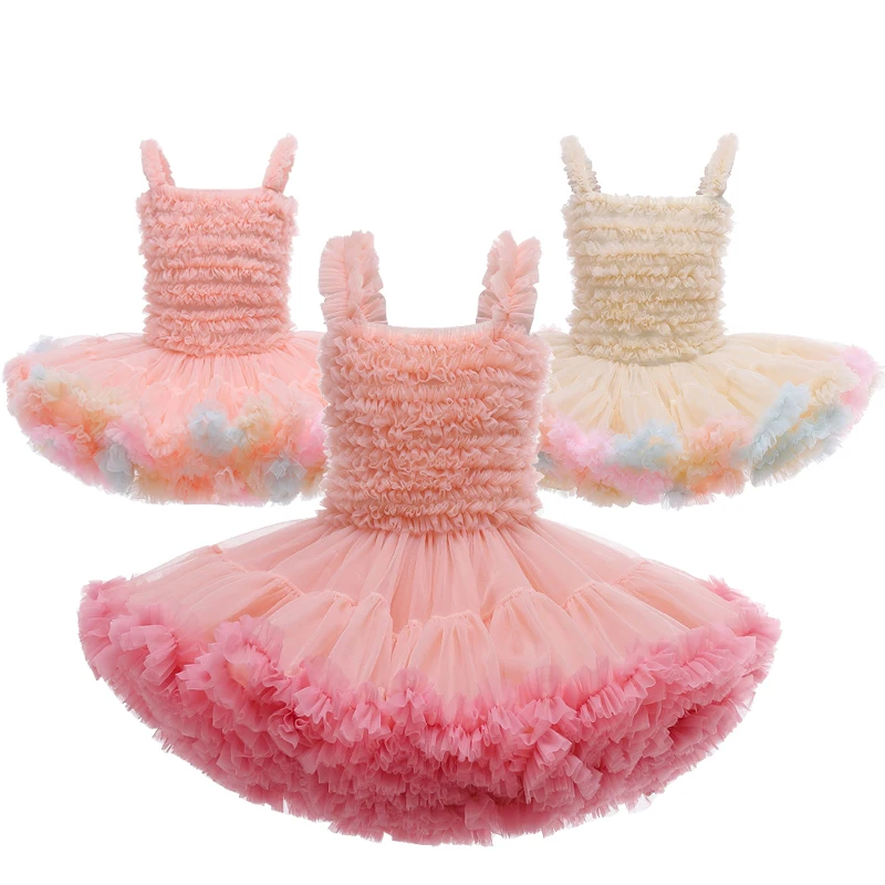 

Летнее платье для маленьких девочек платье с очаровательными сетчатыми оборочками для принцессы в стиле «торт», платья для дня рождения, ве...