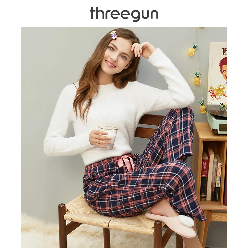 THREEGUN пижамные штаны длиной до середины икры, Женская клетчатая одежда Xadrez, домашняя одежда из хлопка, летняя Новинка, для отдыха, атласные кружевные шелковые шорты для сна