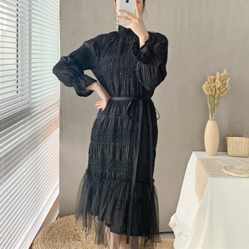 

Женское шикарное платье в богемном стиле YAMDI, однотонное шифоновое платье розового и черного цвета с длинным рукавом и рюшами, с высокой тал...