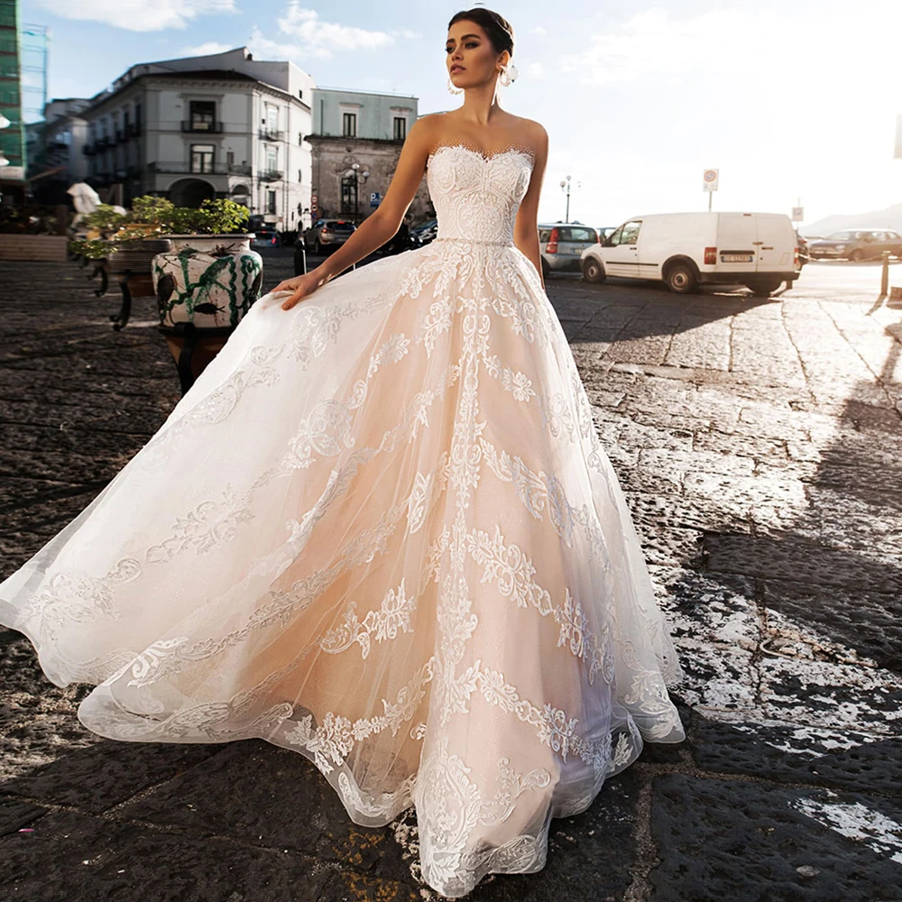 

Backless Wedding Dresses A-line Sweetheart Tulle Appliques Lace Boho Dubai Arabic Wedding Gown Bridal Dress Vestido De Noiva