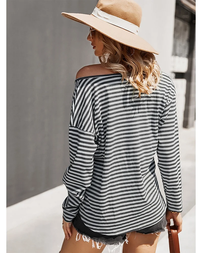 

Spring Navy And White Stripe Women's Long Sleeve Blouses With Buttons Casual Tops