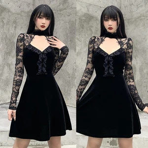 Women Gothic Floral Lace Patchwork Long Sleeve Slim Evening Dress Choker Ruffles Sexy Hollow Out Velvet Black Clubwear