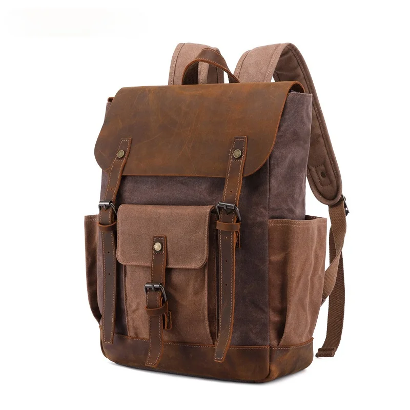 Vintage designer waxed canvas backpack genuine crazy horse leather trim waterproof camping rucksack back pack backpack bag