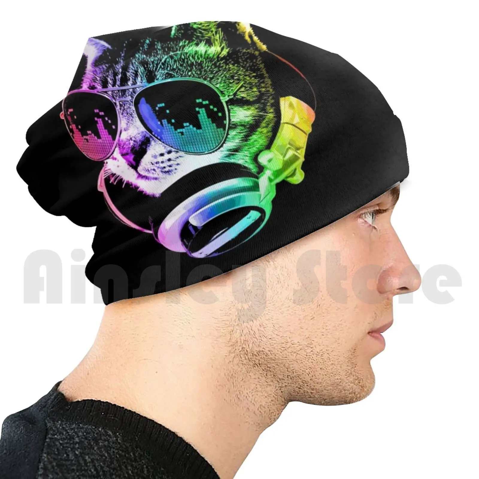 

Rainbow Music Cat Beanies Pullover Cap Comfortable Dj Cat Cat Cats Funny Cat Cat With Headphones Headphones Cat Funny