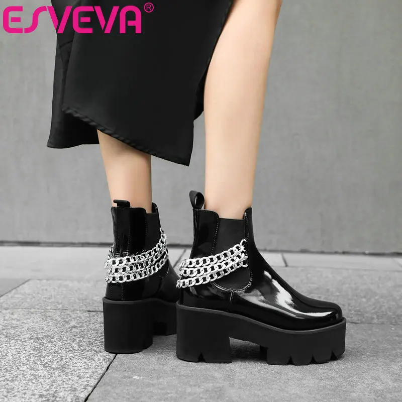 

ESVEVA 2021 Slip On PU Leather Ankle Boots Autumn Winter Ladies Round Toe Square High Heel Women Shoes Size 34-43