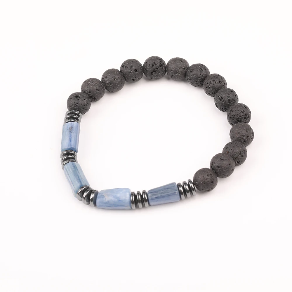 

10Pcs/Lot Natural Blue Kyanite Stone Chunky Nugget Beads 8mm Black Lava Round Beads Elastic String Bracelet Jewelry N0378JBH