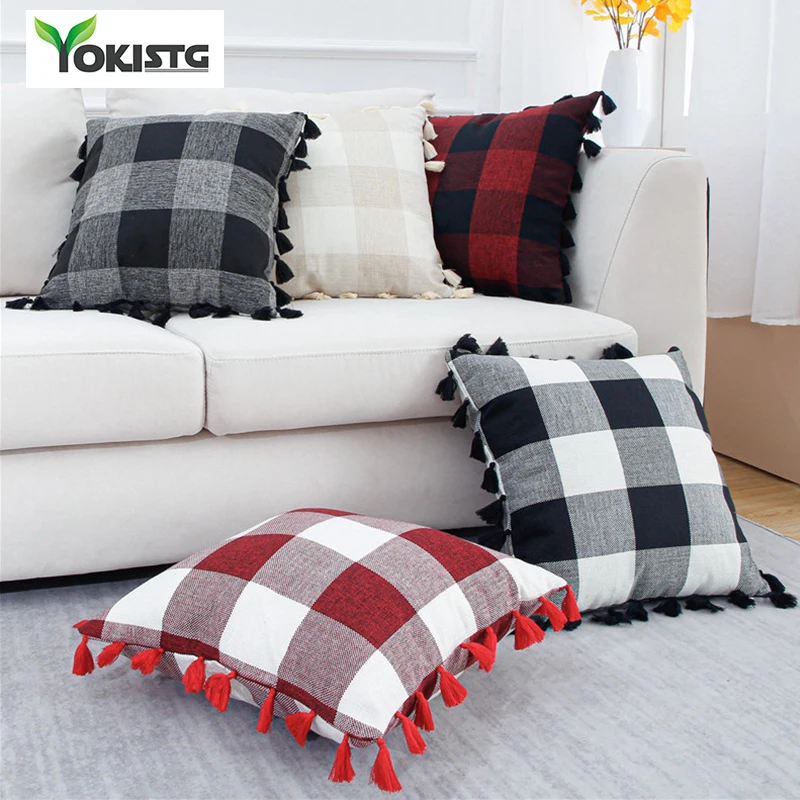 YokiSTG матерчатая подушка в клетку с четырьмя боковыми кисточками|Наволочки| |