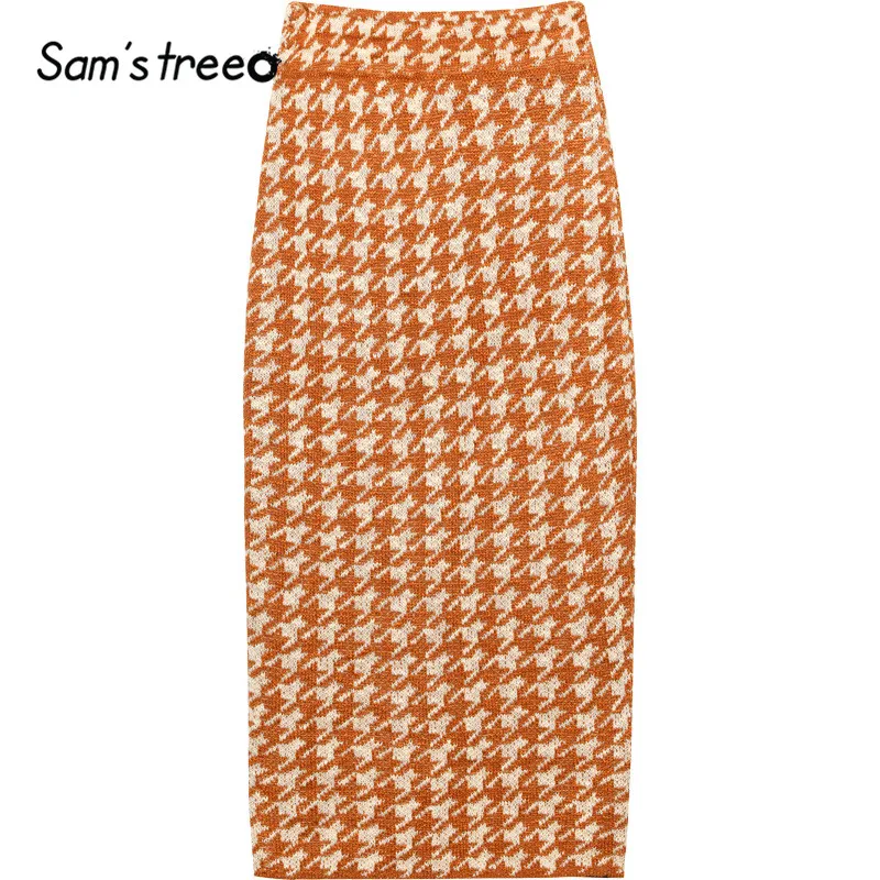 SAM'S TREE/вязаная юбка в клетку с разрезом сзади в Корейском стиле; женская одежда; коллекция года; сезон осень; трапециевидная юбка в британском стиле; обтягивающие офисные женские юбки
