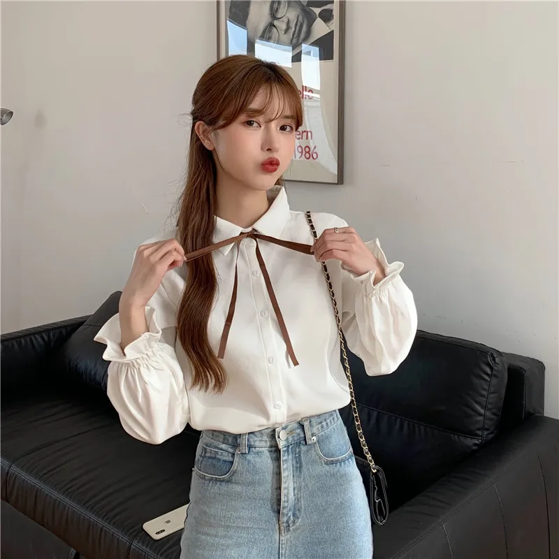 

autumn new white Blouses Women's Clothing flare sleeve sweet style bandage bow Shirts Female casual loose ladies tops fashion