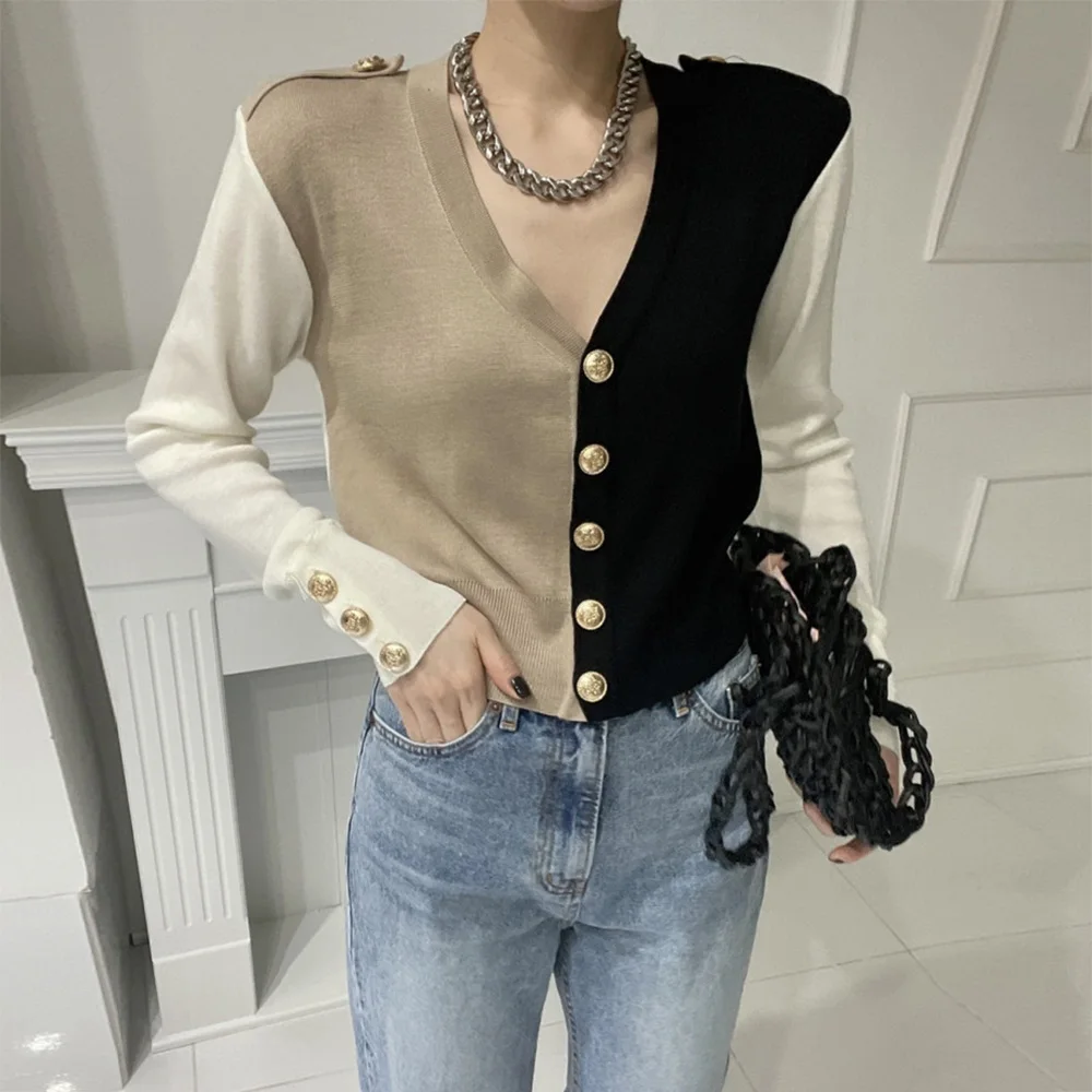 

Croysier Кардиган женский 2021 мода контрастный цвет блок кардиганы элегантные офисные с длинным рукавом v образным вырезом на пуговицах вязаный ...