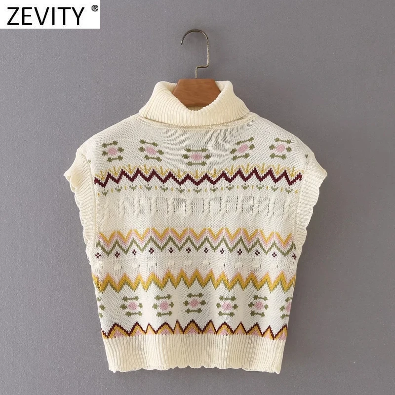 

New Women Vintage High Neck Jacquard Short Knitting Sweater Ladies Chic Sleeveless Thin Vest Pullovers Casual Tops SW1018