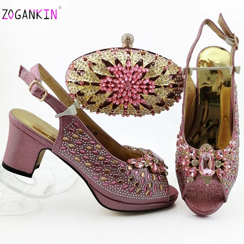 

Pink Hot Selling Nigerian Party Shoe and Bag Sets African Shoes and Bags to Match Shoes with Bag Set with Shinning Crysta