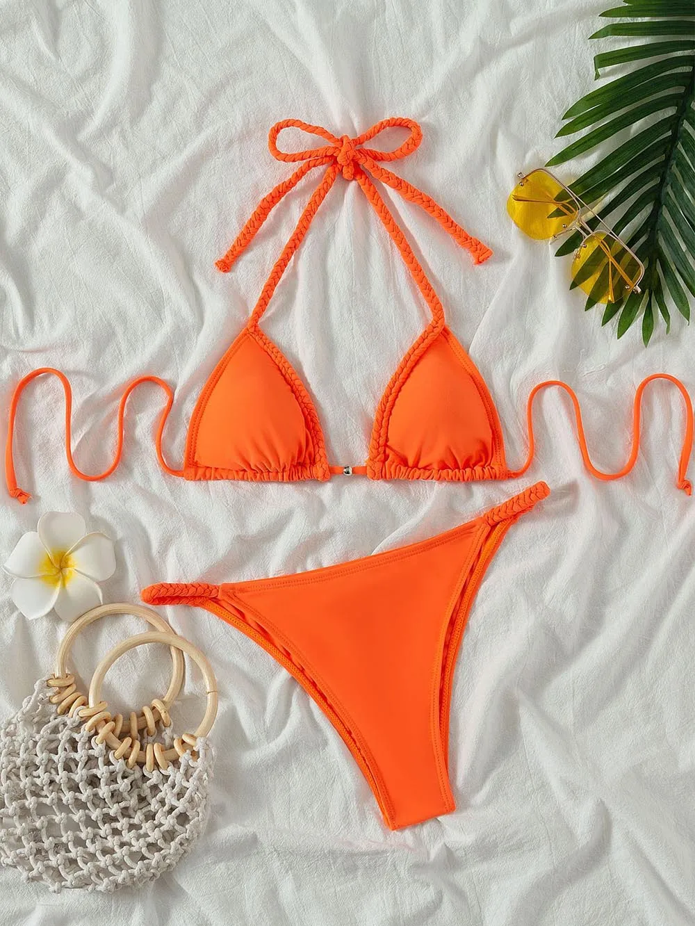 2021 Summer Micro Bikini Orange Swimwear Women Halter Brazilian Biquini Beach Swimsuit High Cut Bathing Suit | Женская одежда