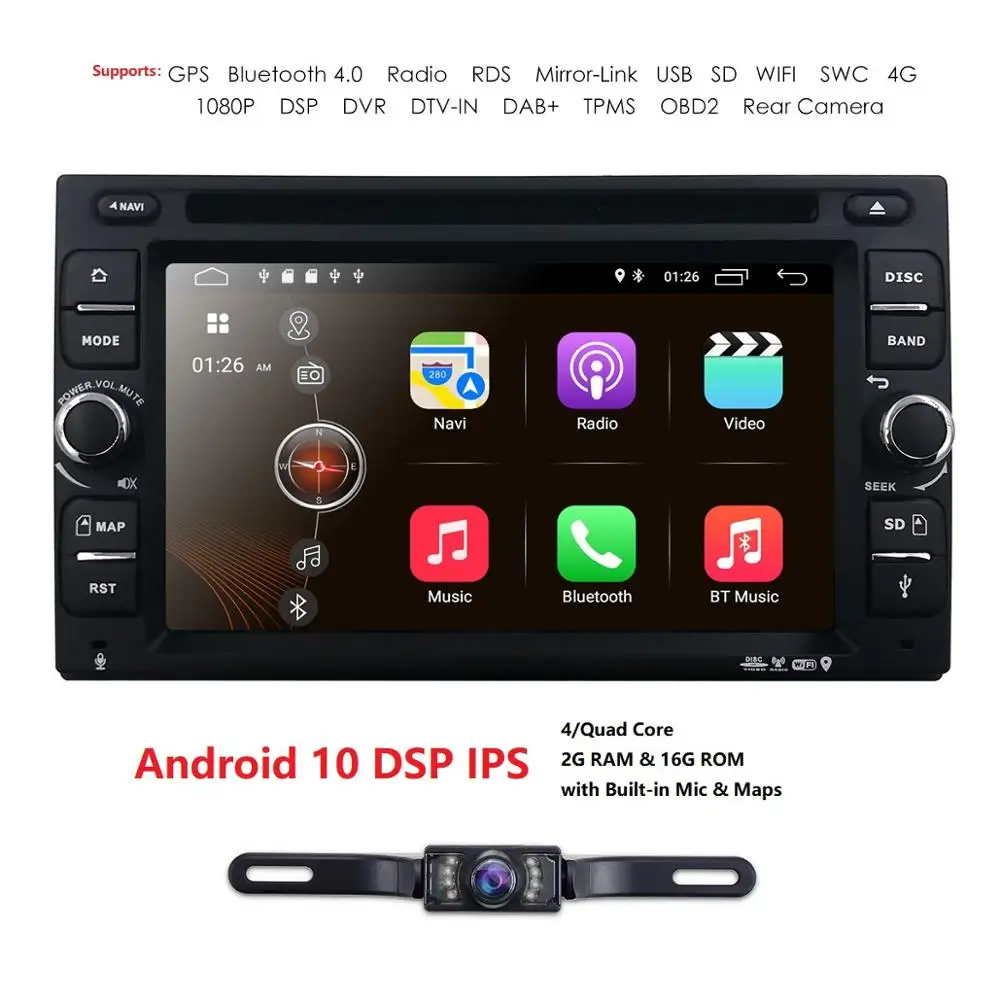 Автомагнитола 2DIN на Android 10 Мультимедийный проигрыватель с четырехъядерным