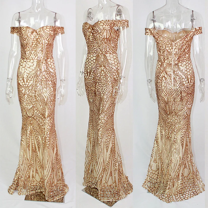 Сексуальное Платье макси с золотыми блестками вечерние платья открытыми плечами