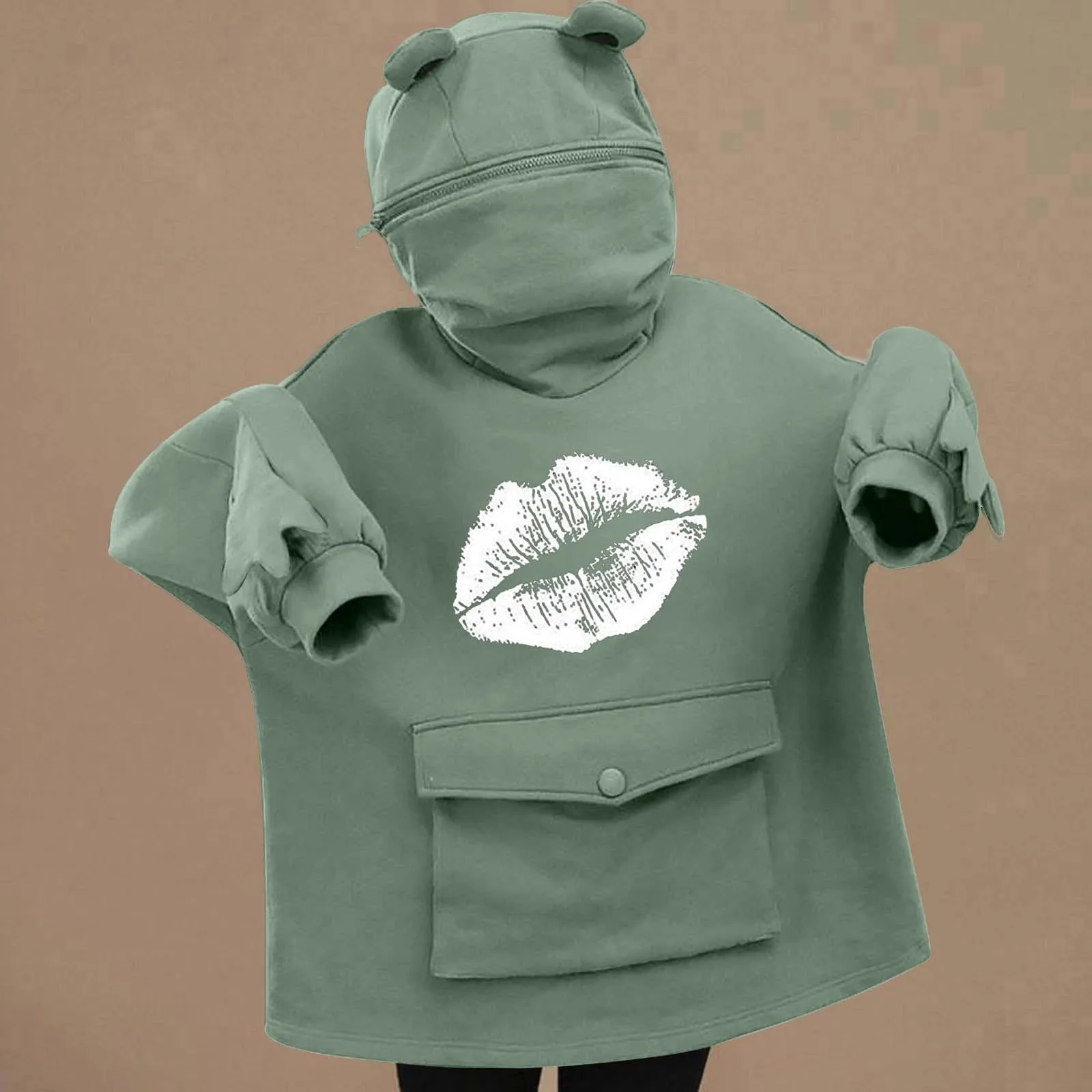 Women's Long Sleeve kawaii Frog-Design Prints Pockets Sweatshirt Pullover Tops mujeres sweetshirts sudaderas con capucha