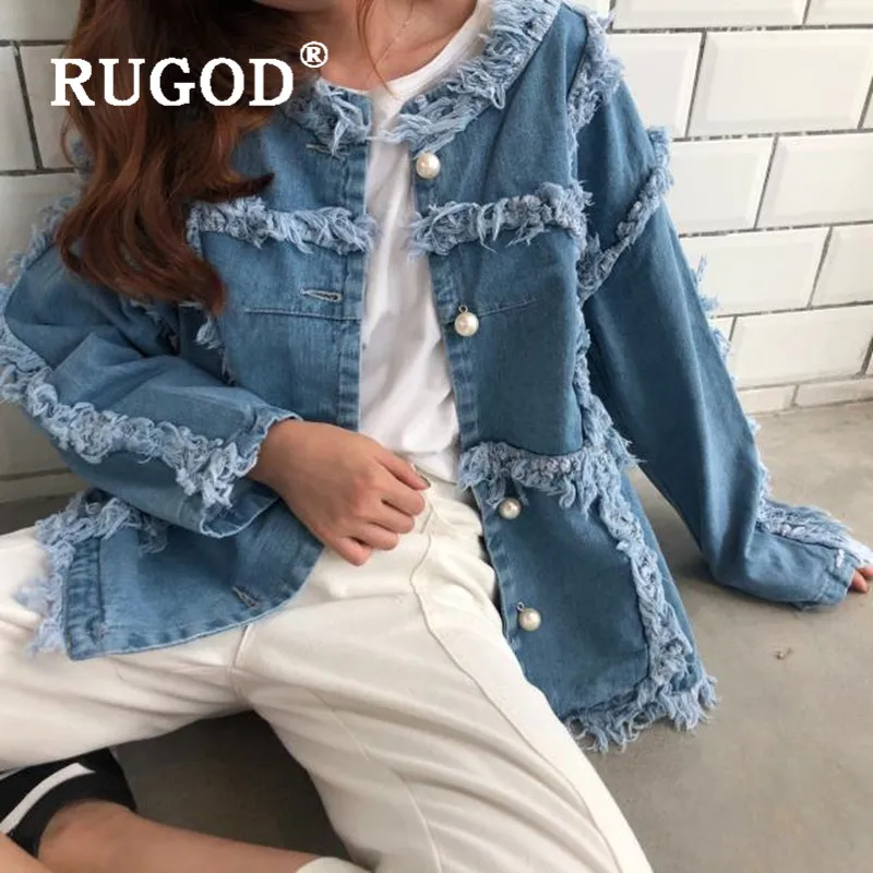 RUGOD/осенние джинсовые куртки с круглым вырезом и бахромой однобортные длинными