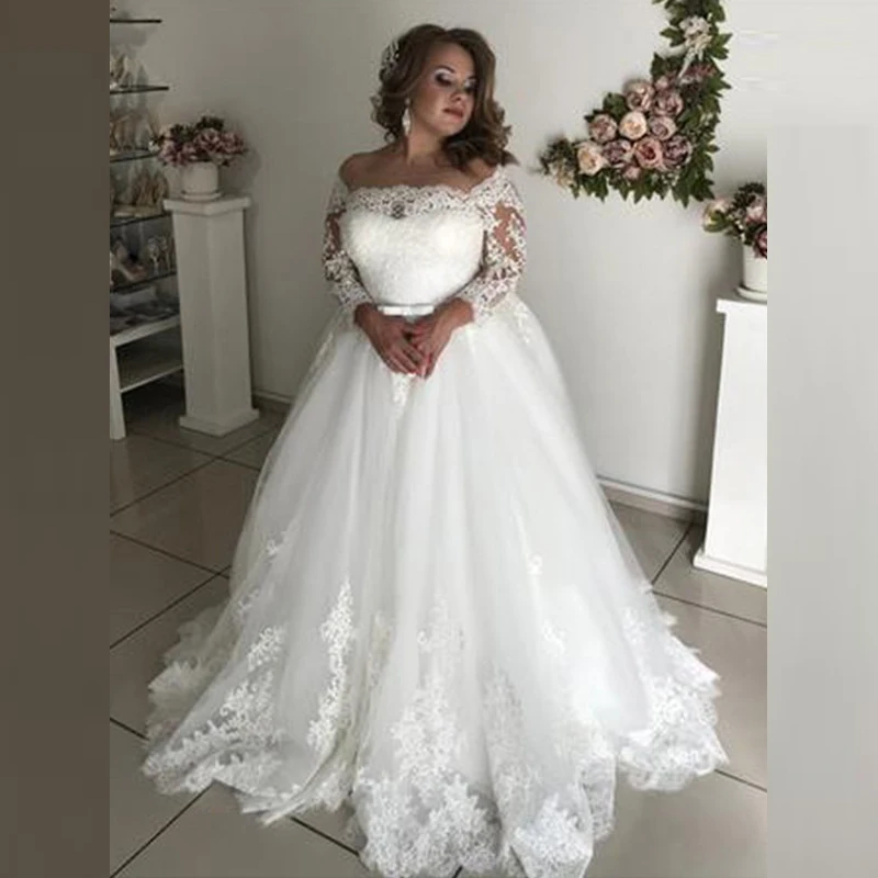 

African Gorgeous White Lace Ball Gown Bridal Wedding Gowns Long Sleeves Bateau Neck Wedding Dresses for Bride Cut Out Back