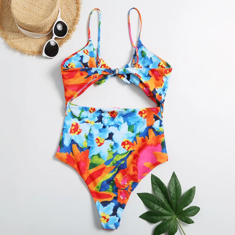 Женский винтажный слитный купальник бикини большого размера с цветочным принтом