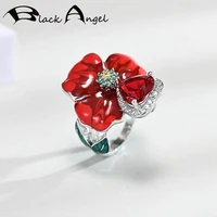 black angel red enamel rose flowers ring for women 925 silver ruby gemstone finger ring fashion jewelry wholesale