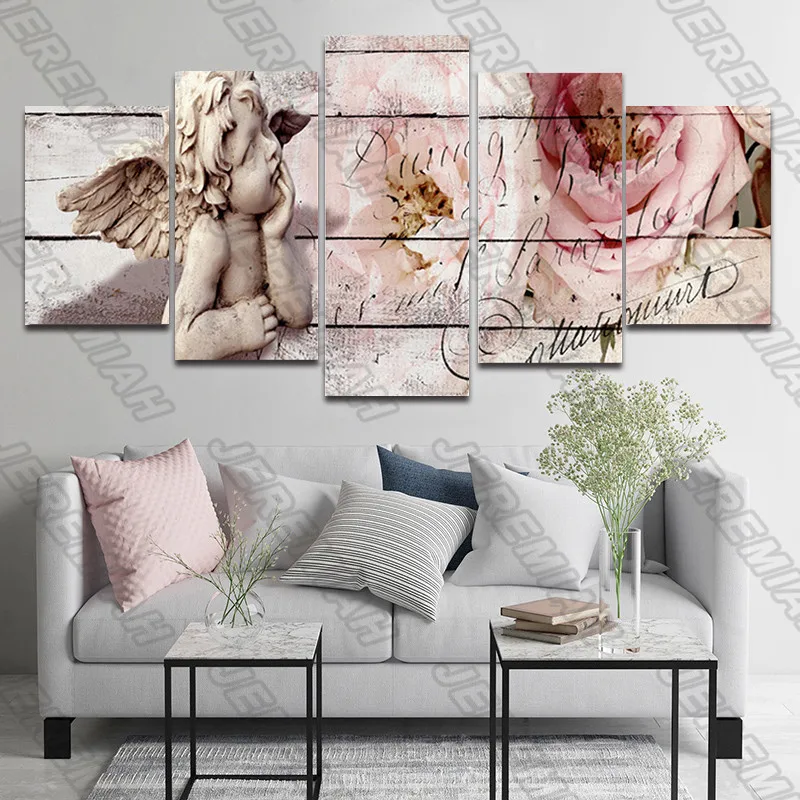 

Roses and Stone Carving Little Angel Poster Nordic Style Wall Art Canvas Print Painting Modern Living Room Decoration
