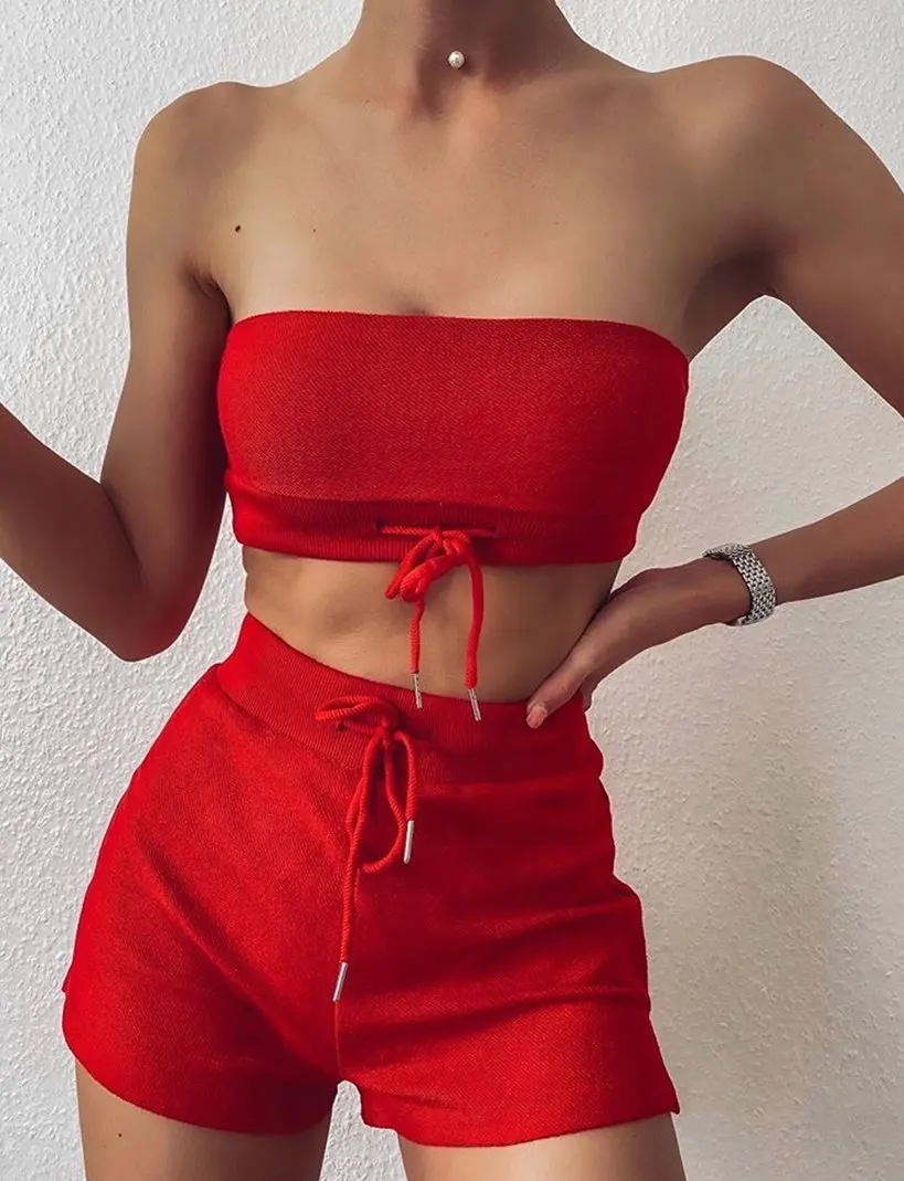 

Summer Women Casual Yoga Sets Sexy Strapless Drawstrings Wrapped Chest Short Crop Tops +Shorts Sport Outwear Outfits Beachwear