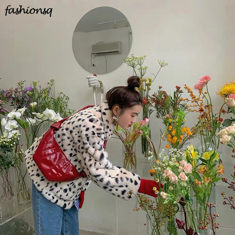 

Casual Streetwear Leopard Print Faux Lamb Wool Coats Autumn Winter Loose Hip Hop Oversize Thicken Warm Jacket Women Outerwear
