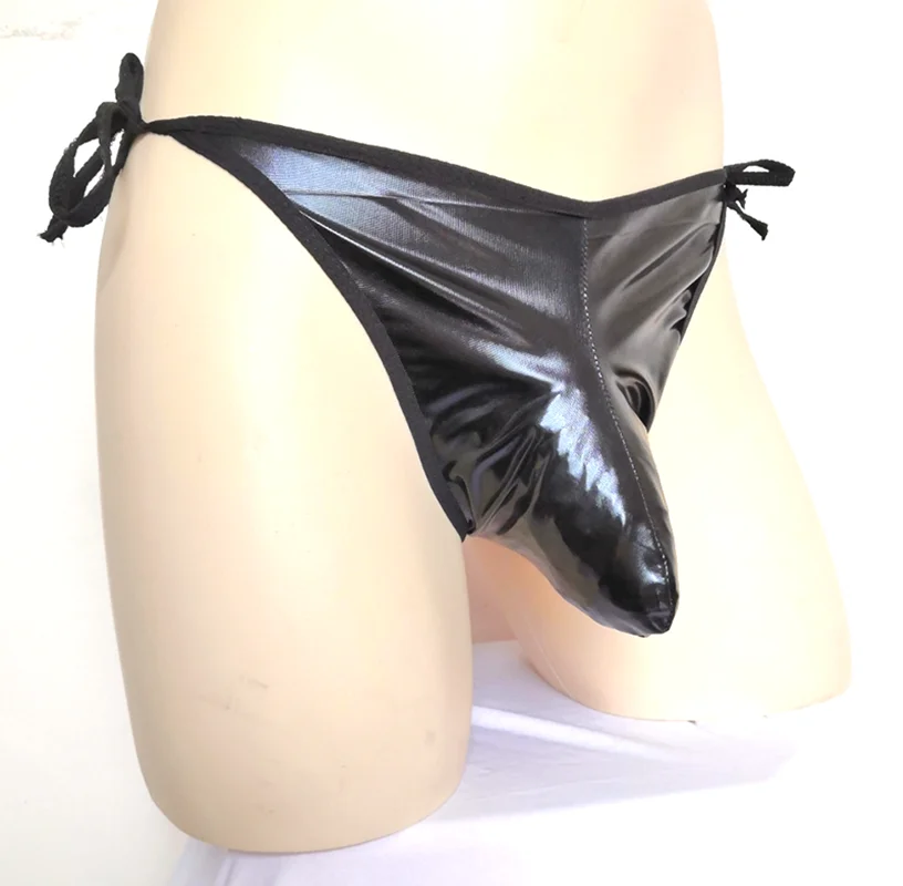 

Patent Sexy Leather Men's Underwear Bag Pouch Gay Lingerie Rope Large Size Adjust Briefs