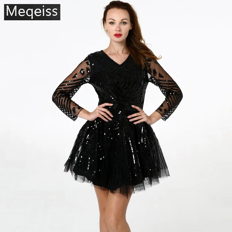

High Quality Fashion New Women Long Sleeve Deep V Sexy Dress Beach Network Yarn Tassels Sequins Spring Summer Dress wholesale