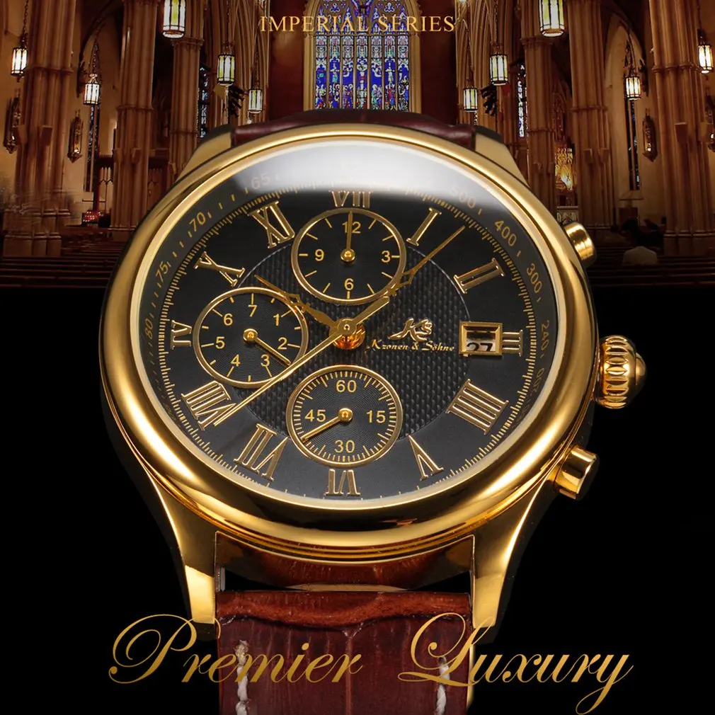 IMPERIAL KS Retro Skeleton 6 Hands Golden Case Luxury Brand Day Month Display Brown Leather Strap Men's Mechanical Watch / KS146