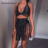 black faux leather two piece set buckle metal rivet low cut backless crop tops button tassel mini skirts sexy punk party outfits