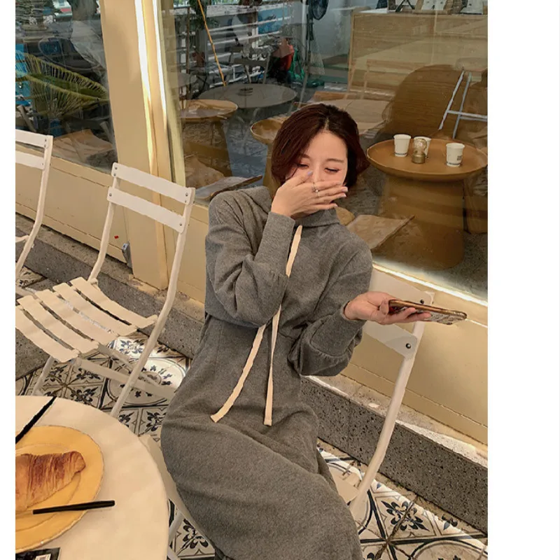 

Long-sleeved Hooded Sweater Dress Women's Autumn Clothing 2020 New Korean Splicing Loose Temperament Mid-length Slimming Dress