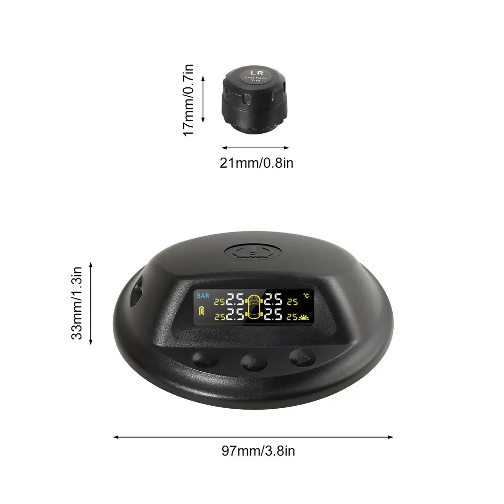 

Touch Solar Wireless Tire Pressure Monitoring System TPMS with 4 External Sensors Audio Alarm Measuring Pressure/Temperature