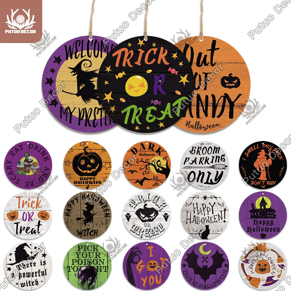 

Putuo Decor Halloween Round Wood Signs Hanging Plate Pumpkin Lanrern Wall Plaque for Home Decoration Living Room Wall Decor Gift
