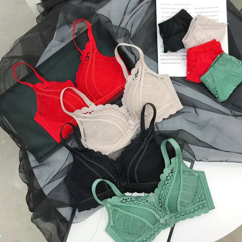 Женское Бесшовное нижнее белье бюстгальтер с кружевным бантиком и трусики чашка