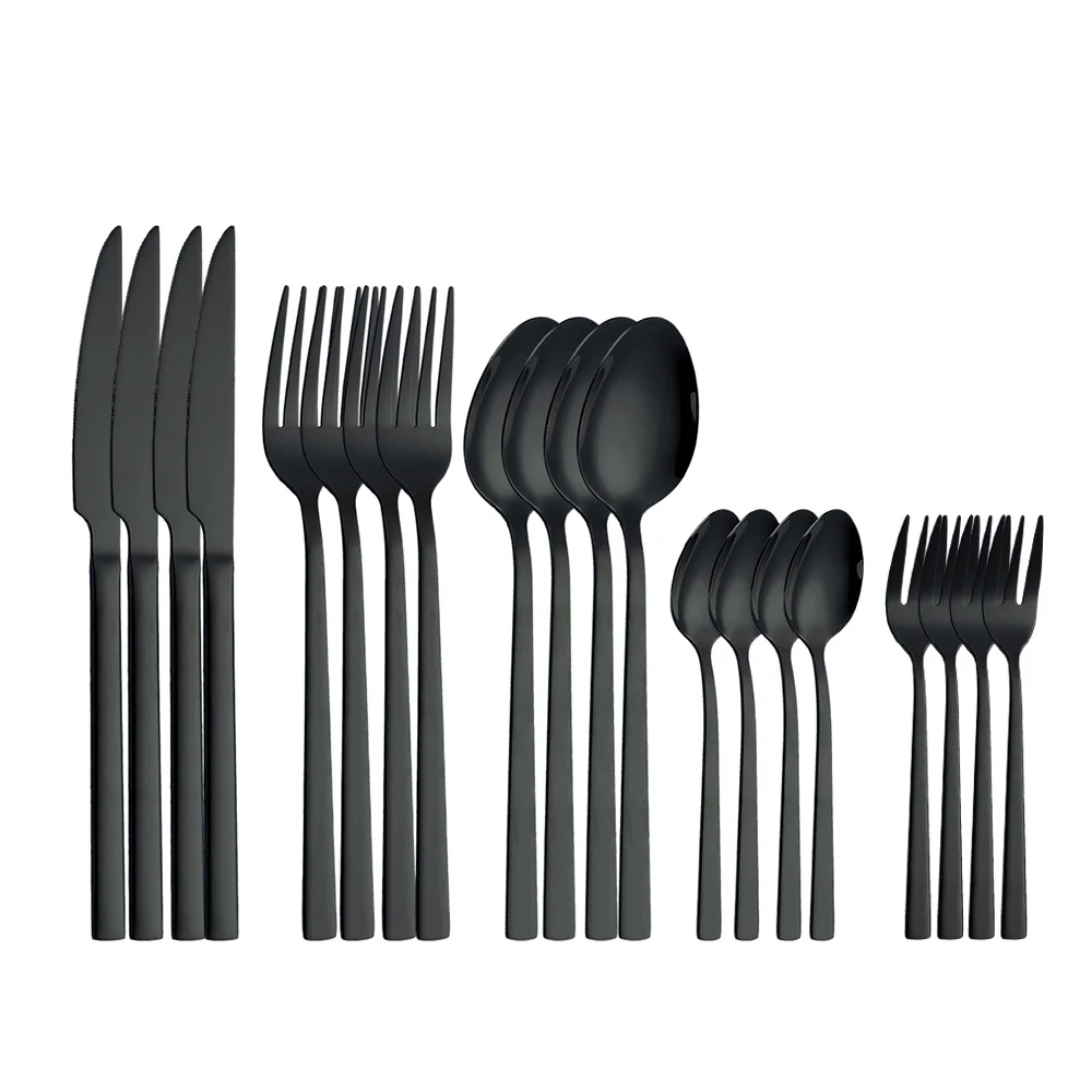 

20Pcs Black Stainless Steel Cutlery Set Restaurant Knifes Forks Spoons Complete Dinnerware Tableware Silverware Set Dropshipping