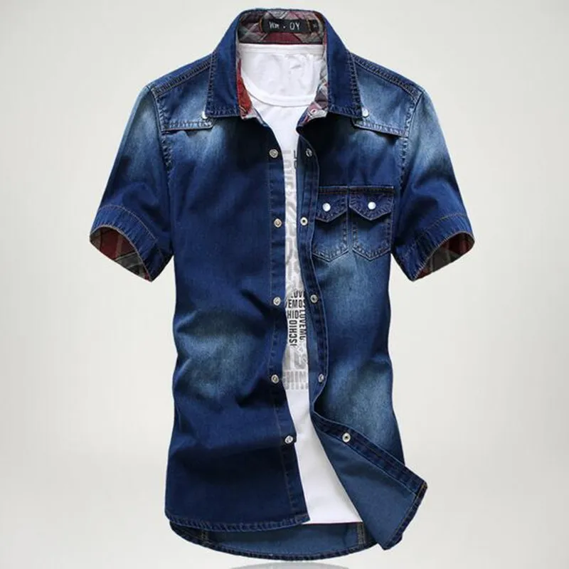 Новинка, летняя джинсовая рубашка для мужчин, хлопок, мягкая и удобная мужская рубашка, джинсы, прямой светильник, синяя повседневная короткая рубашка для мужчин - Цвет: shen lan