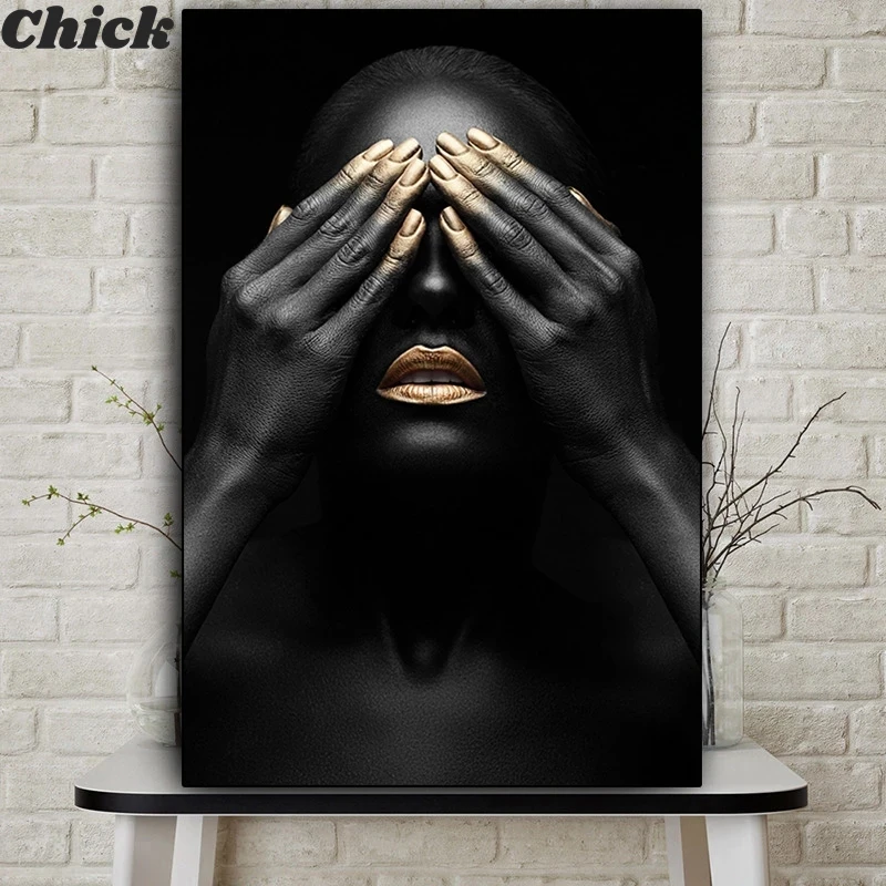 

Black Hands And Golden Lips Nude Girl Oil Painting On Canvas Poster Prints African Wall Art Pictures Living Room Home Decoration