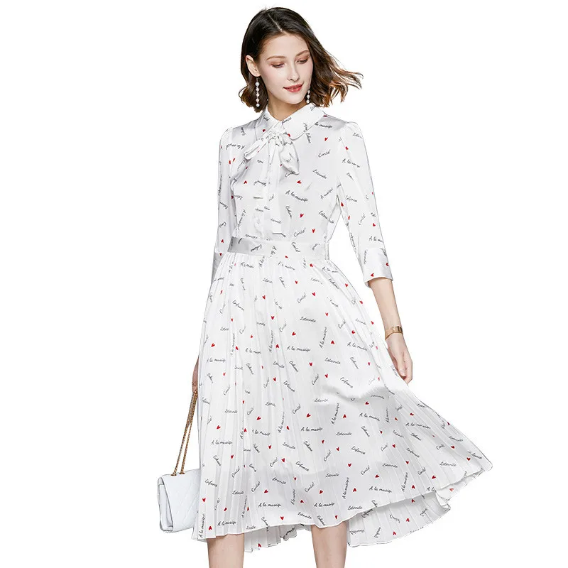

White Dress for Women Spring Summer Half Sleeve Print Pleated Midi Maxi Dresses Elegant Fashion Casual Woman Clothes Robe Femme