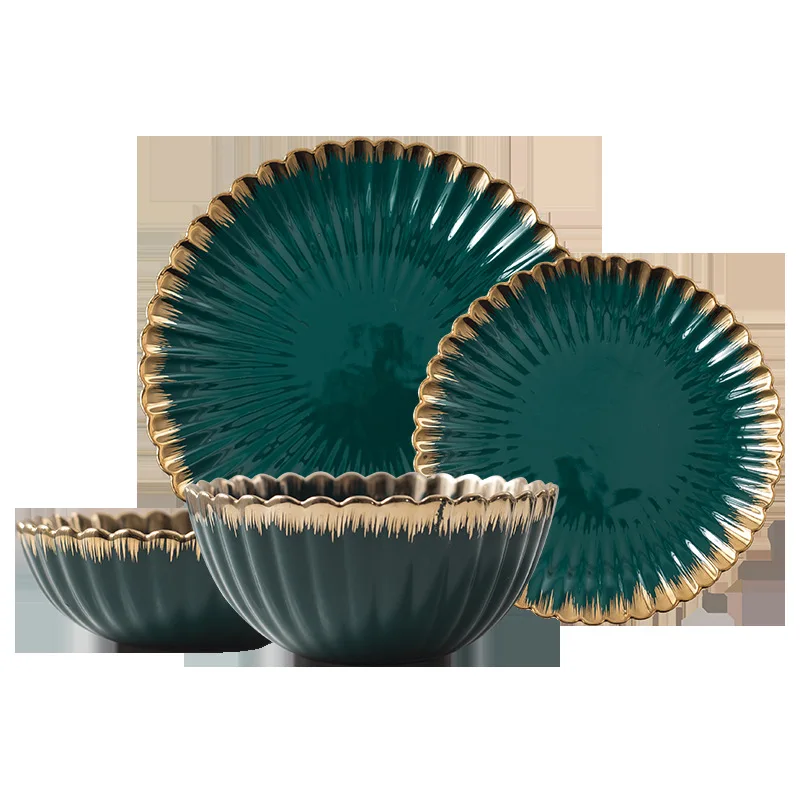 Керамическая Скандинавская чаша для супа салата темно-зеленая десертная тарелка