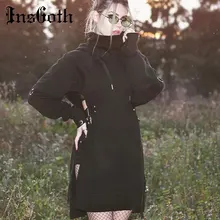 Женская свободная толстовка InsGoth, в стиле Харадзюку, черная готическая толстовка составного кроя с капюшоном и шнуровкой, длинная толстовка с вырезами