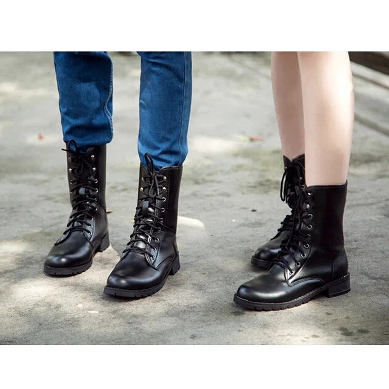 

Autumn winter black lace up army boots Women PU leather martin boots lovers motorcycle boots for women plus size EU35-42 XKD2036